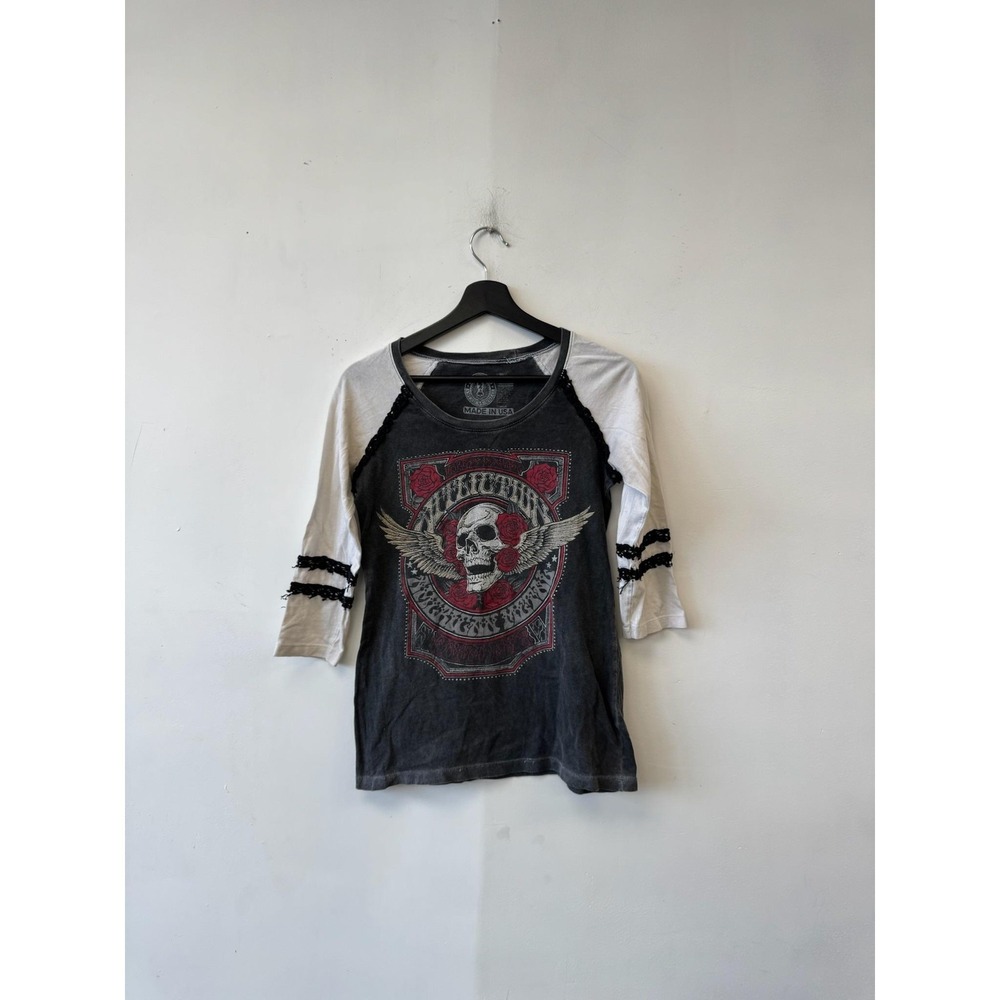 Affliction Shirt Womens Small Black White Skull‎ Rose Crochet Raglan 3/4 Sleeve